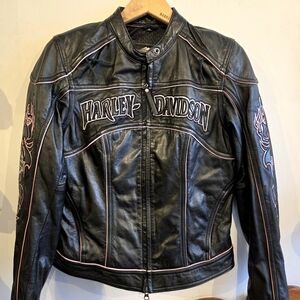 Harley Davidson Embroidered Pink & Black Leather Jacket